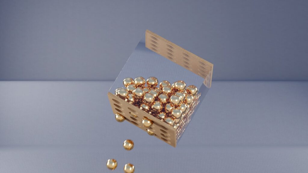 A glass cube with holes in the bottom, filled with golden marbles which are falling out of it